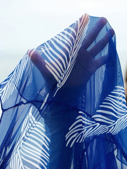 Swim Lushoire New Summer Beach Vacation Plus Size Women Cover Up Coverup, Leaf Print Design, Slimming Elegant Blue Coverup, Leaf Print Plus Size Coverup
