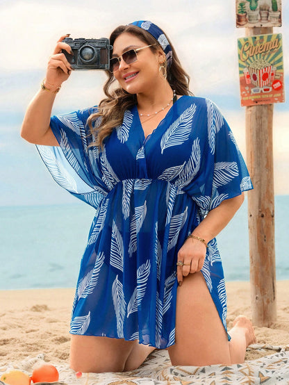 Swim Lushoire New Summer Beach Vacation Plus Size Women Cover Up Coverup, Leaf Print Design, Slimming Elegant Blue Coverup, Leaf Print Plus Size Coverup