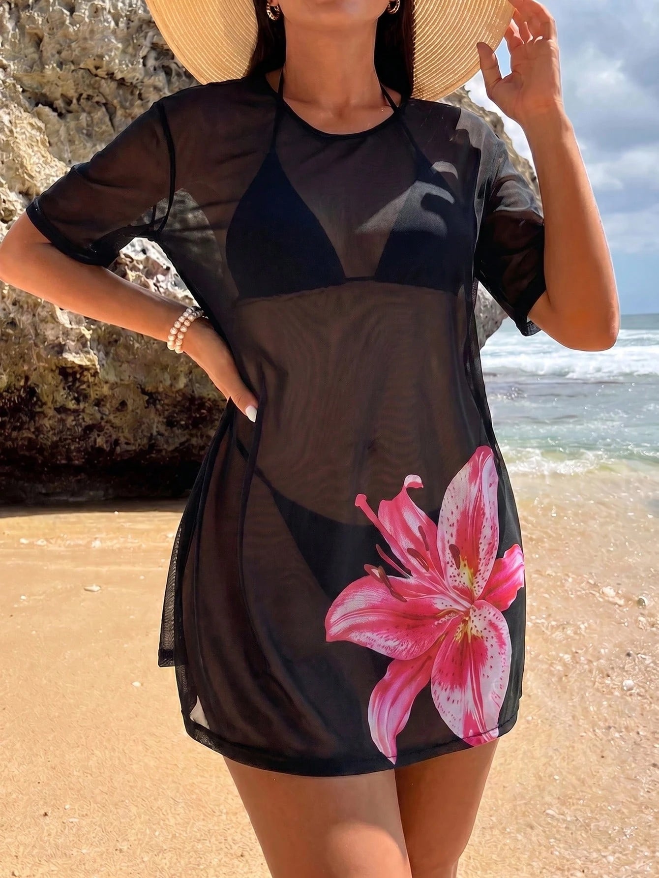 Swim Lushoire New Tropical Sheer Short Sleeve Beach Beach Vacation Holiday Vacation Dress, Lily Print Swimsuit Cover Up, Holiday Style Black Floral Summer