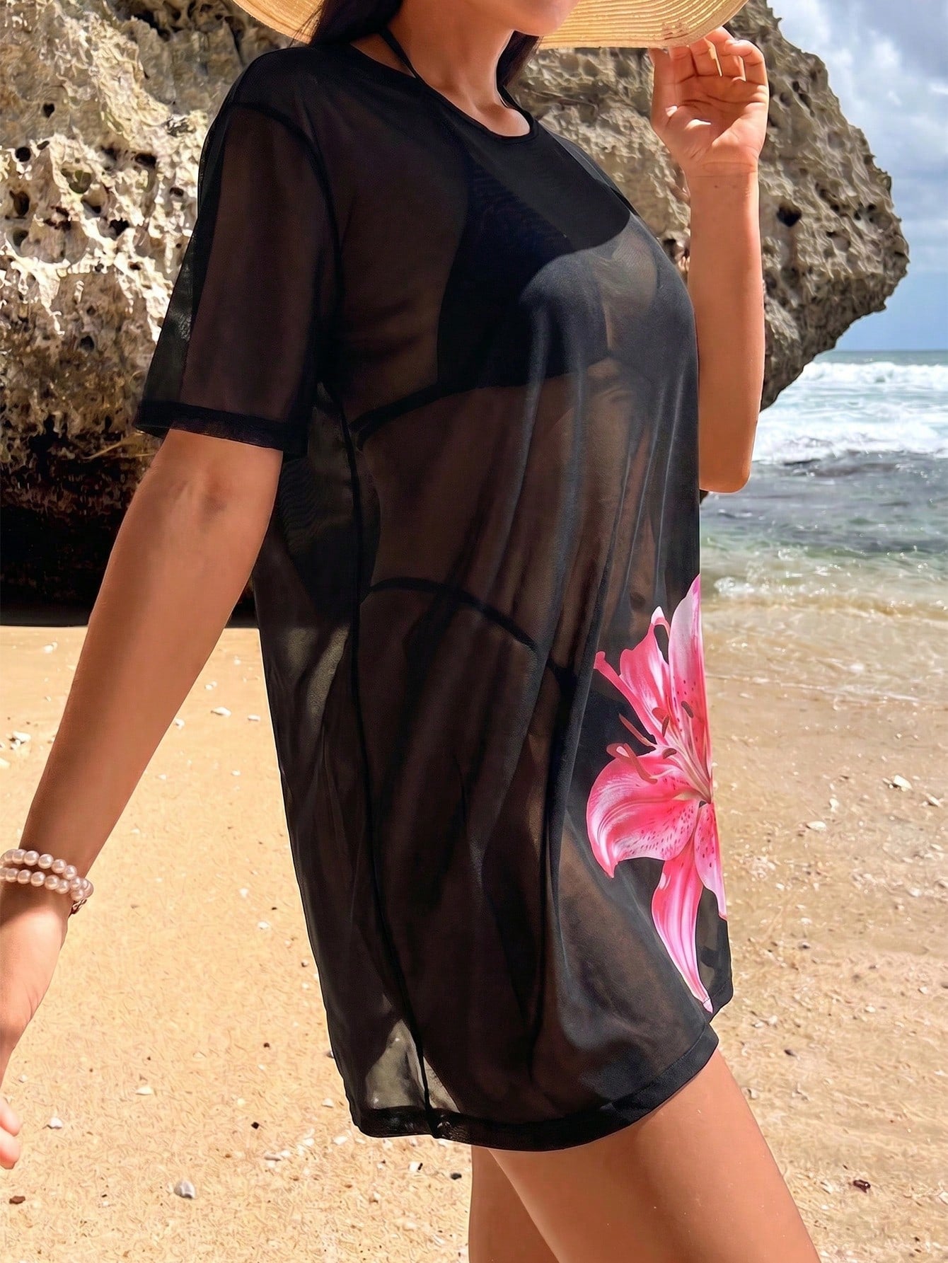 Swim Lushoire New Tropical Sheer Short Sleeve Beach Beach Vacation Holiday Vacation Dress, Lily Print Swimsuit Cover Up, Holiday Style Black Floral Summer