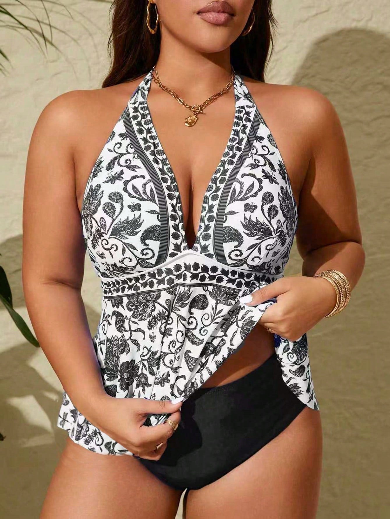 Swim Lushoire Plus Size 2pcs/Set Multicolor Placement Print Spaghetti Strap Backless Fashionable Tankini Summer