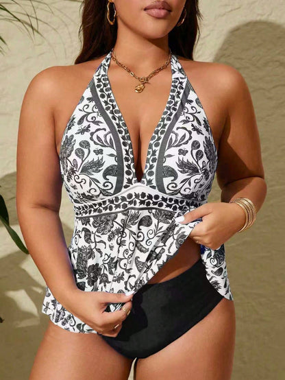 Swim Lushoire Plus Size 2pcs/Set Multicolor Placement Print Spaghetti Strap Backless Fashionable Tankini Summer