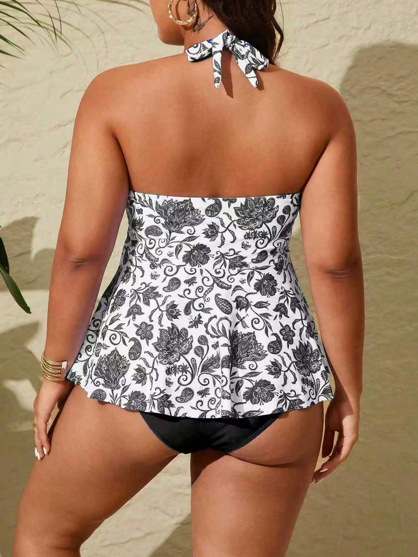 Swim Lushoire Plus Size 2pcs/Set Multicolor Placement Print Spaghetti Strap Backless Fashionable Tankini Summer