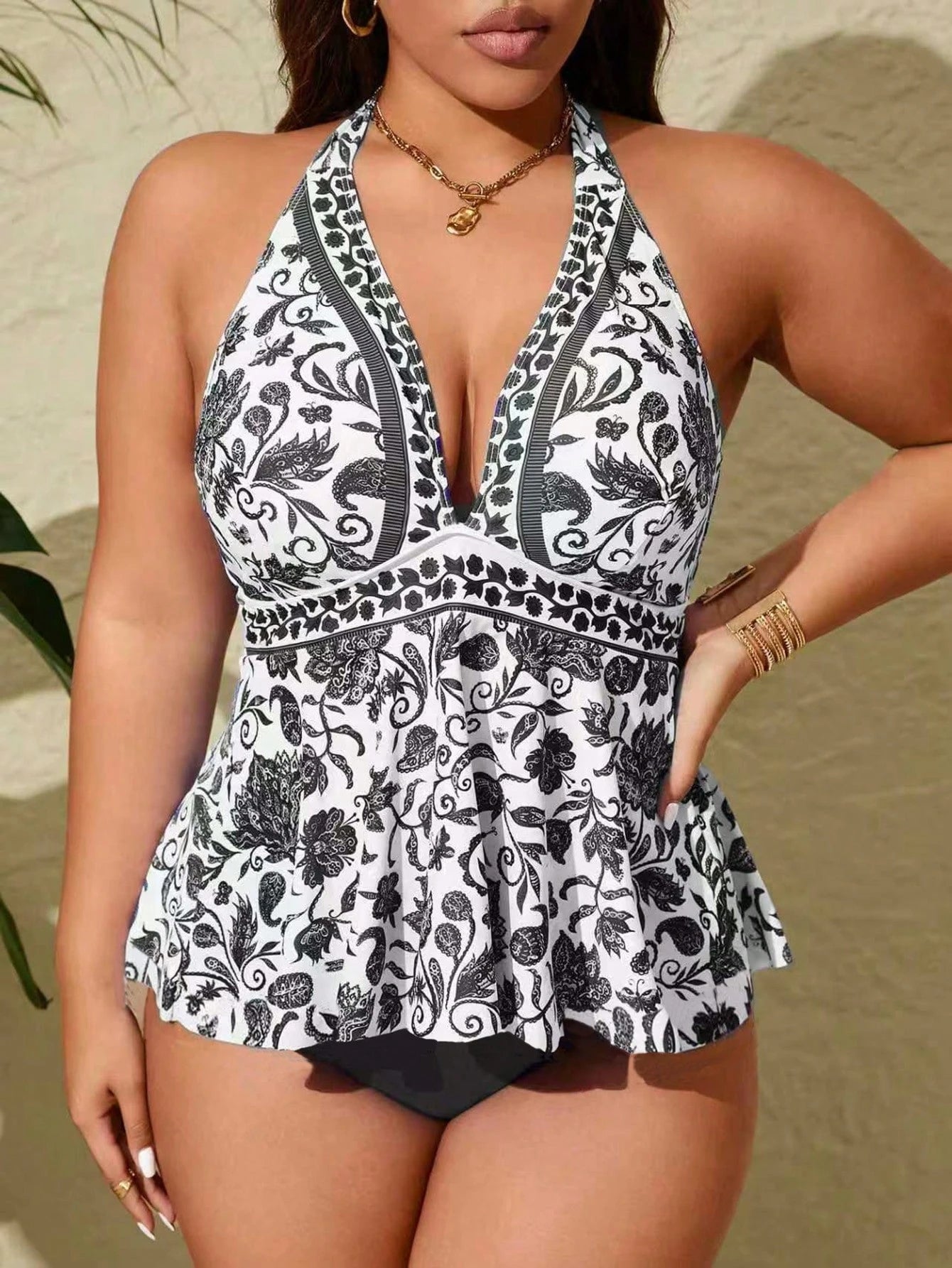 Swim Lushoire Plus Size 2pcs/Set Multicolor Placement Print Spaghetti Strap Backless Fashionable Tankini Summer