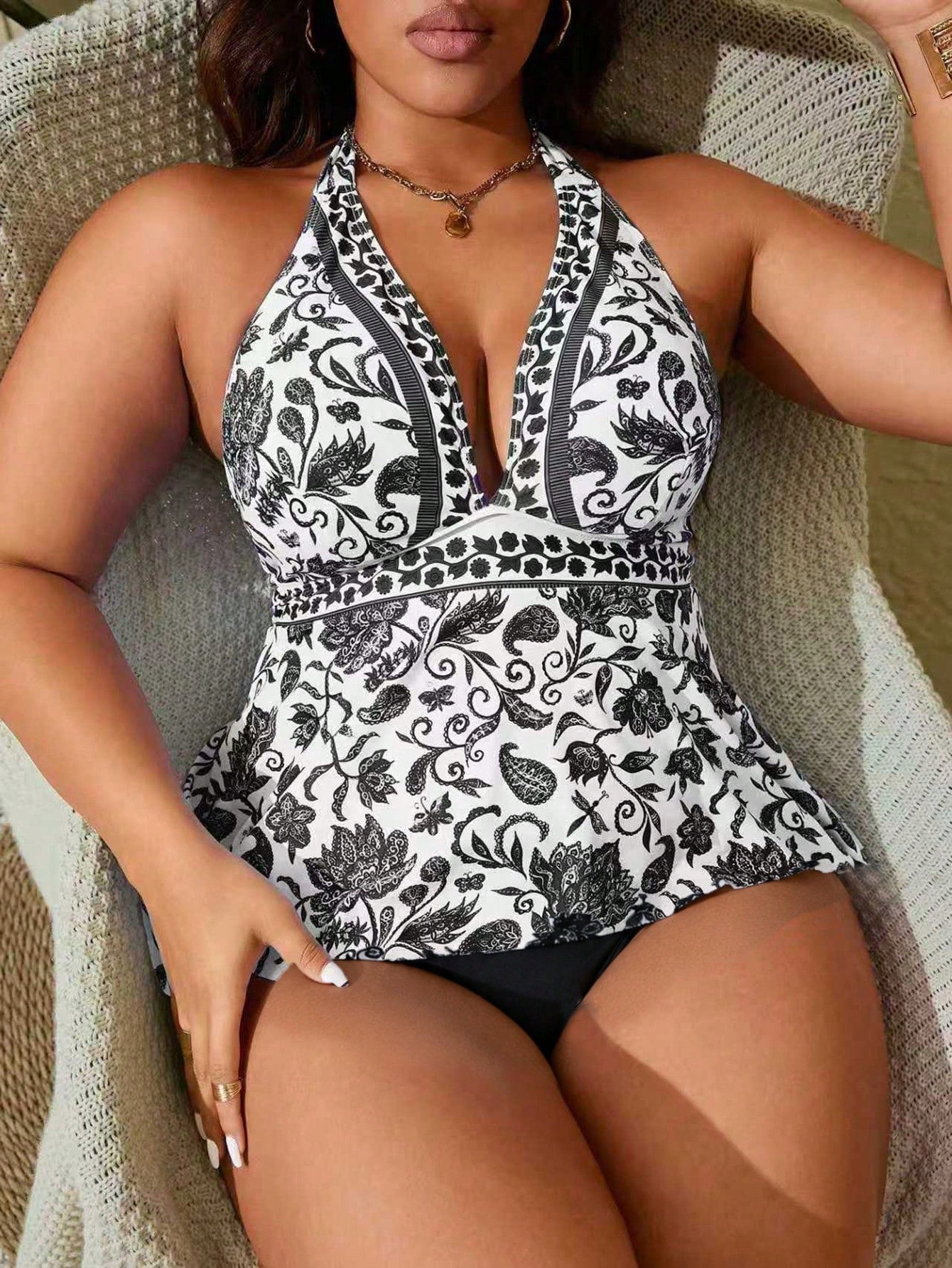 Swim Lushoire Plus Size 2pcs/Set Multicolor Placement Print Spaghetti Strap Backless Fashionable Tankini Summer