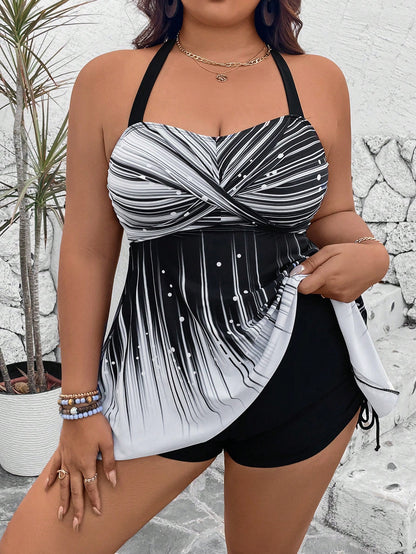 Swim Lushoire Plus Size 2pcs Set,Black And White Plaid Summer Beach Vacation Holiday Tankini,Graphic Print Crop Top&High Waist Side Drawstring Backless Shorts