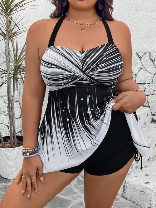 Swim Lushoire Plus Size 2pcs Set,Black And White Plaid Summer Beach Vacation Holiday Tankini,Graphic Print Crop Top&High Waist Side Drawstring Backless Shorts