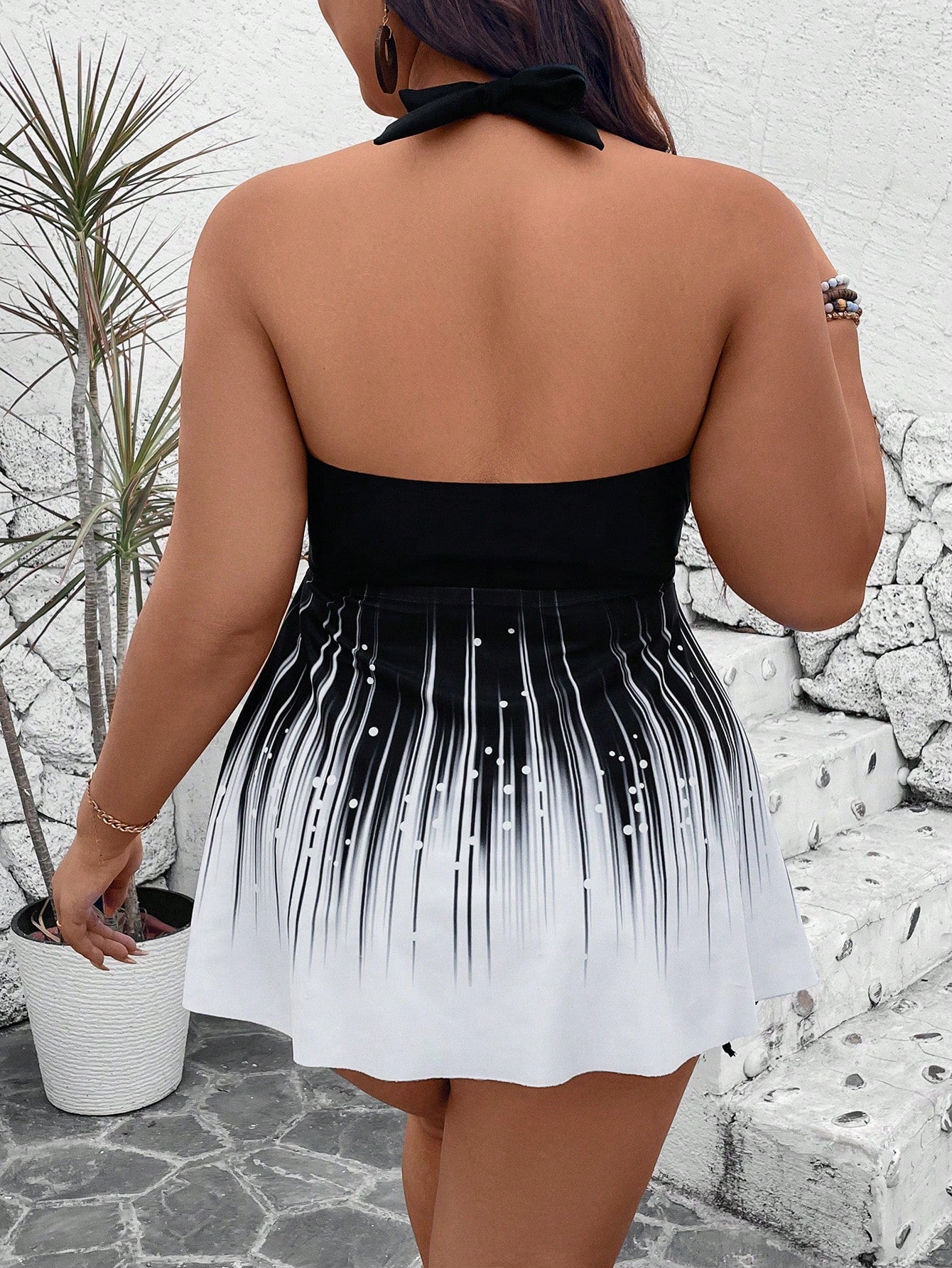 Swim Lushoire Plus Size 2pcs Set,Black And White Plaid Summer Beach Vacation Holiday Tankini,Graphic Print Crop Top&High Waist Side Drawstring Backless Shorts