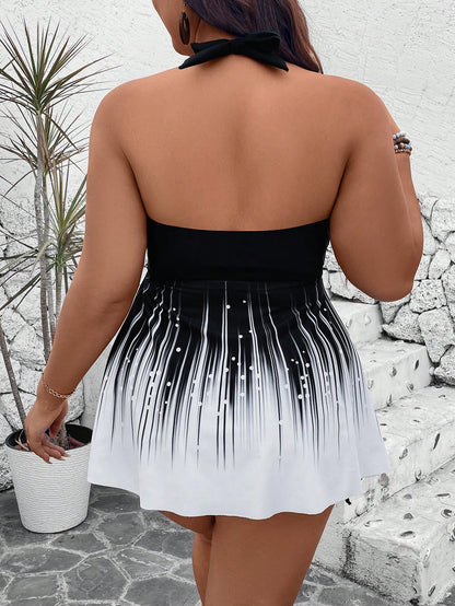 Swim Lushoire Plus Size 2pcs Set,Black And White Plaid Summer Beach Vacation Holiday Tankini,Graphic Print Crop Top&High Waist Side Drawstring Backless Shorts
