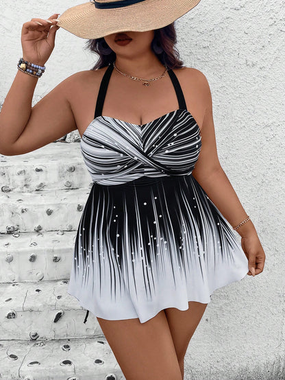 Swim Lushoire Plus Size 2pcs Set,Black And White Plaid Summer Beach Vacation Holiday Tankini,Graphic Print Crop Top&High Waist Side Drawstring Backless Shorts