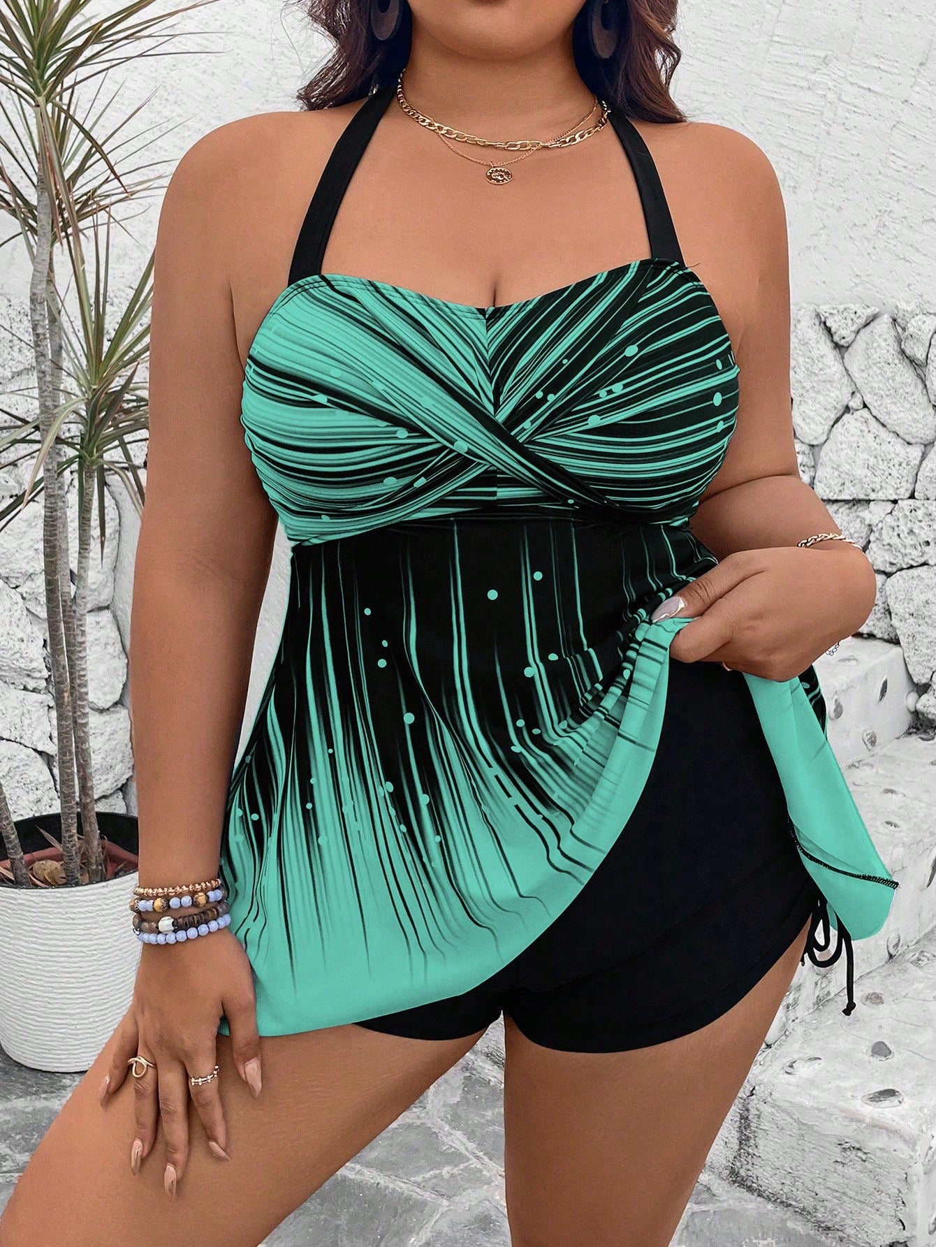 Swim Lushoire Plus Size 2pcs Set,Black And White Plaid Summer Beach Vacation Holiday Tankini,Graphic Print Crop Top&High Waist Side Drawstring Backless Shorts