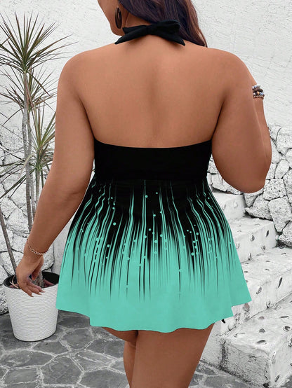 Swim Lushoire Plus Size 2pcs Set,Black And White Plaid Summer Beach Vacation Holiday Tankini,Graphic Print Crop Top&High Waist Side Drawstring Backless Shorts