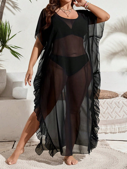 Swim Lushoire Plus Size Black Sheer Mesh Maxi Long Ruffle Trim Side Slit Cover Up Dress,Glamorous See-Through Beach Kaftan For Summer Vacation Holiday Resort