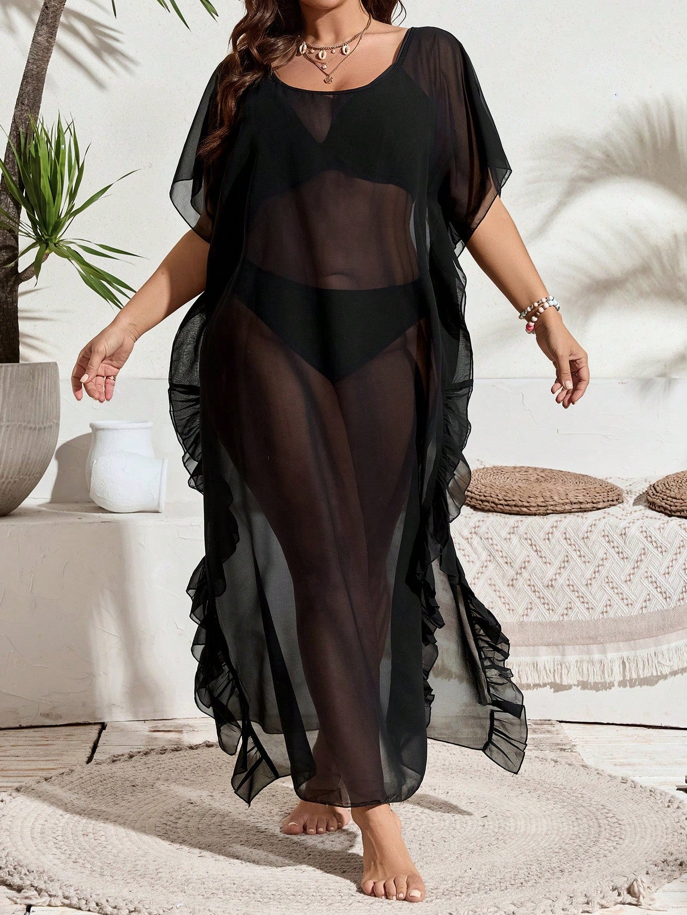 Swim Lushoire Plus Size Black Sheer Mesh Maxi Long Ruffle Trim Side Slit Cover Up Dress,Glamorous See-Through Beach Kaftan For Summer Vacation Holiday Resort