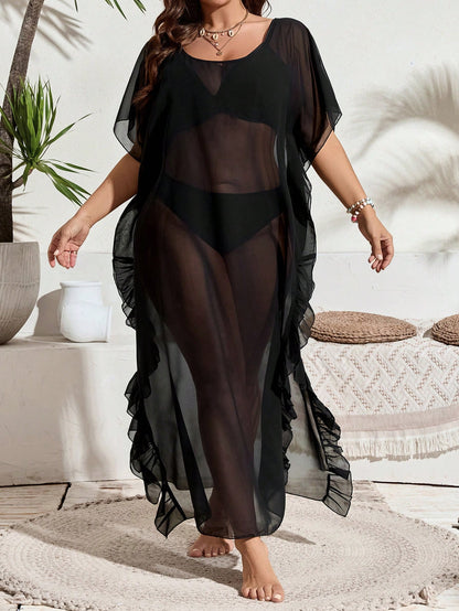 Swim Lushoire Plus Size Black Sheer Mesh Maxi Long Ruffle Trim Side Slit Cover Up Dress,Glamorous See-Through Beach Kaftan For Summer Vacation Holiday Resort
