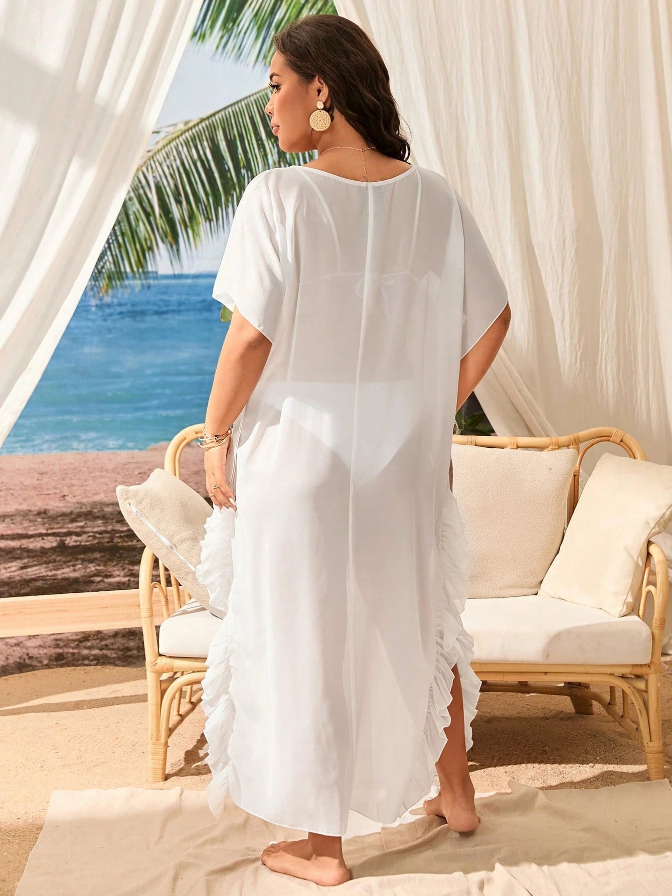 Swim Lushoire Plus Size Black Sheer Mesh Maxi Long Ruffle Trim Side Slit Cover Up Dress,Glamorous See-Through Beach Kaftan For Summer Vacation Holiday Resort