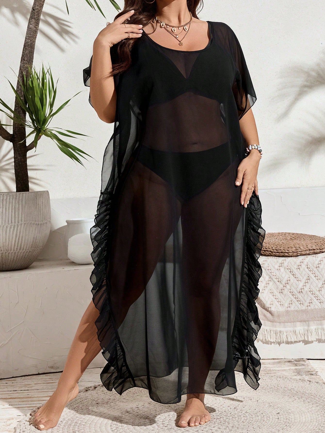 Swim Lushoire Plus Size Black Sheer Mesh Maxi Long Ruffle Trim Side Slit Cover Up Dress,Glamorous See-Through Beach Kaftan For Summer Vacation Holiday Resort
