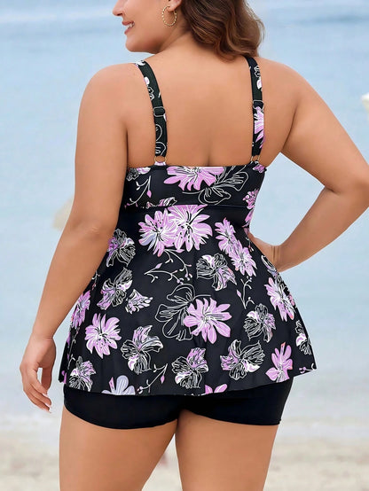 Swim Lushoire Plus Size Floral Print Tankini Swimsuit Set