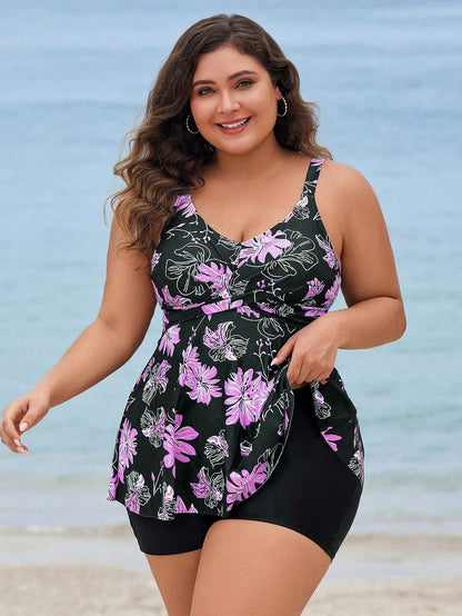 Swim Lushoire Plus Size Floral Print Tankini Swimsuit Set
