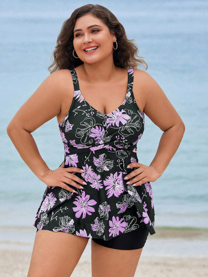 Swim Lushoire Plus Size Floral Print Tankini Swimsuit Set