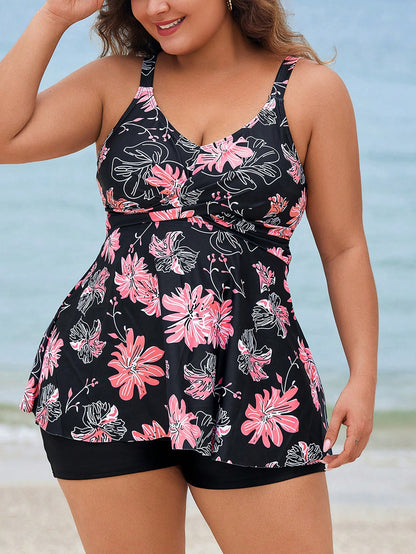 Swim Lushoire Plus Size Floral Print Tankini Swimsuit Set