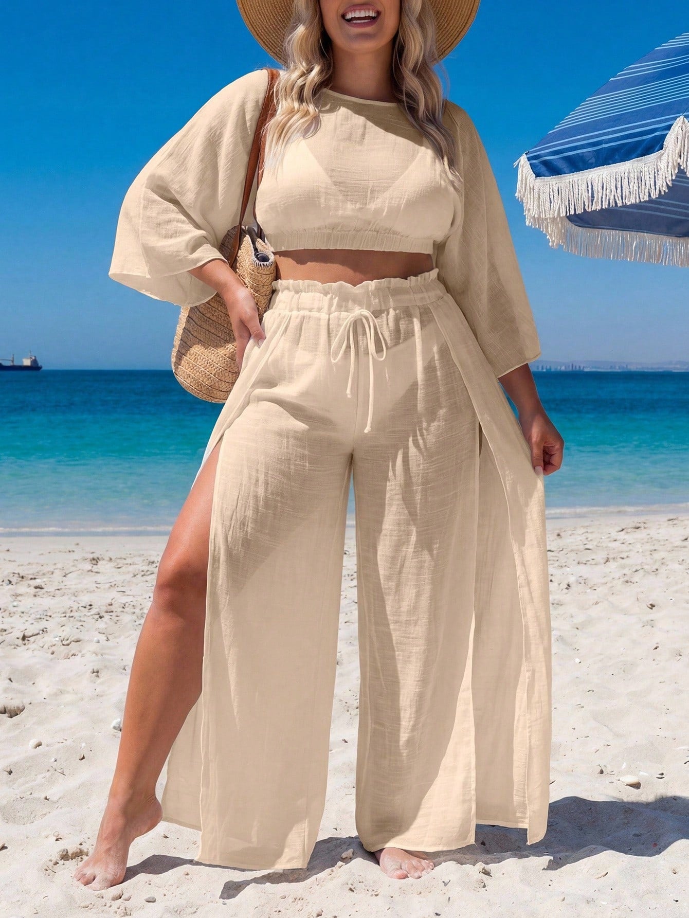 Swim Lushoire Plus Size Loose Kimono Cover Up Set, Vacation Style