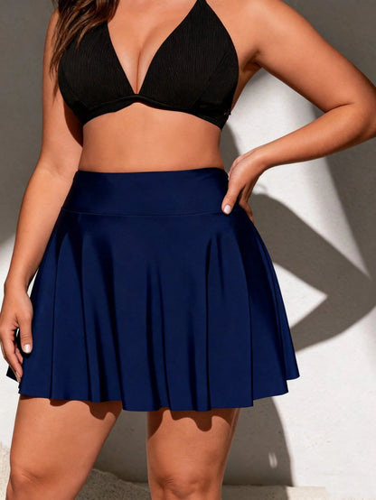Swim Lushoire Plus Size Navy Blue Elegant Vacation Beach Swimwear Bottom,Pleated Comfy Summer Holiday Swim Skirt Skort,Women's Cover Up Skirt For Off-Season
