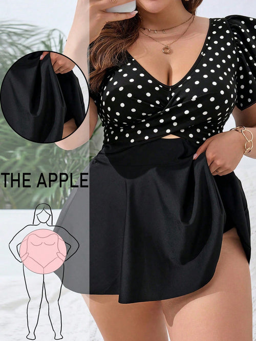 Swim Lushoire Plus Size Polka Dot Print Patchwork Swimdress With Triangle Swimshorts