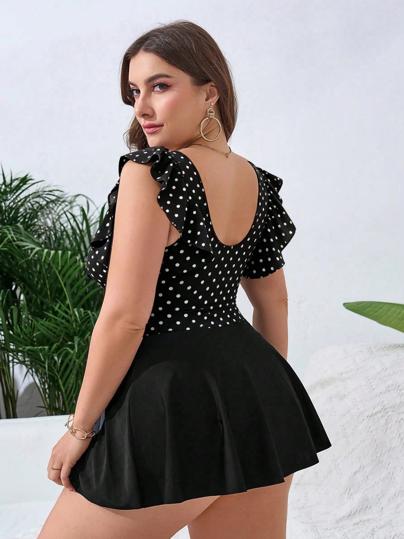 Swim Lushoire Plus Size Polka Dot Print Patchwork Swimdress With Triangle Swimshorts