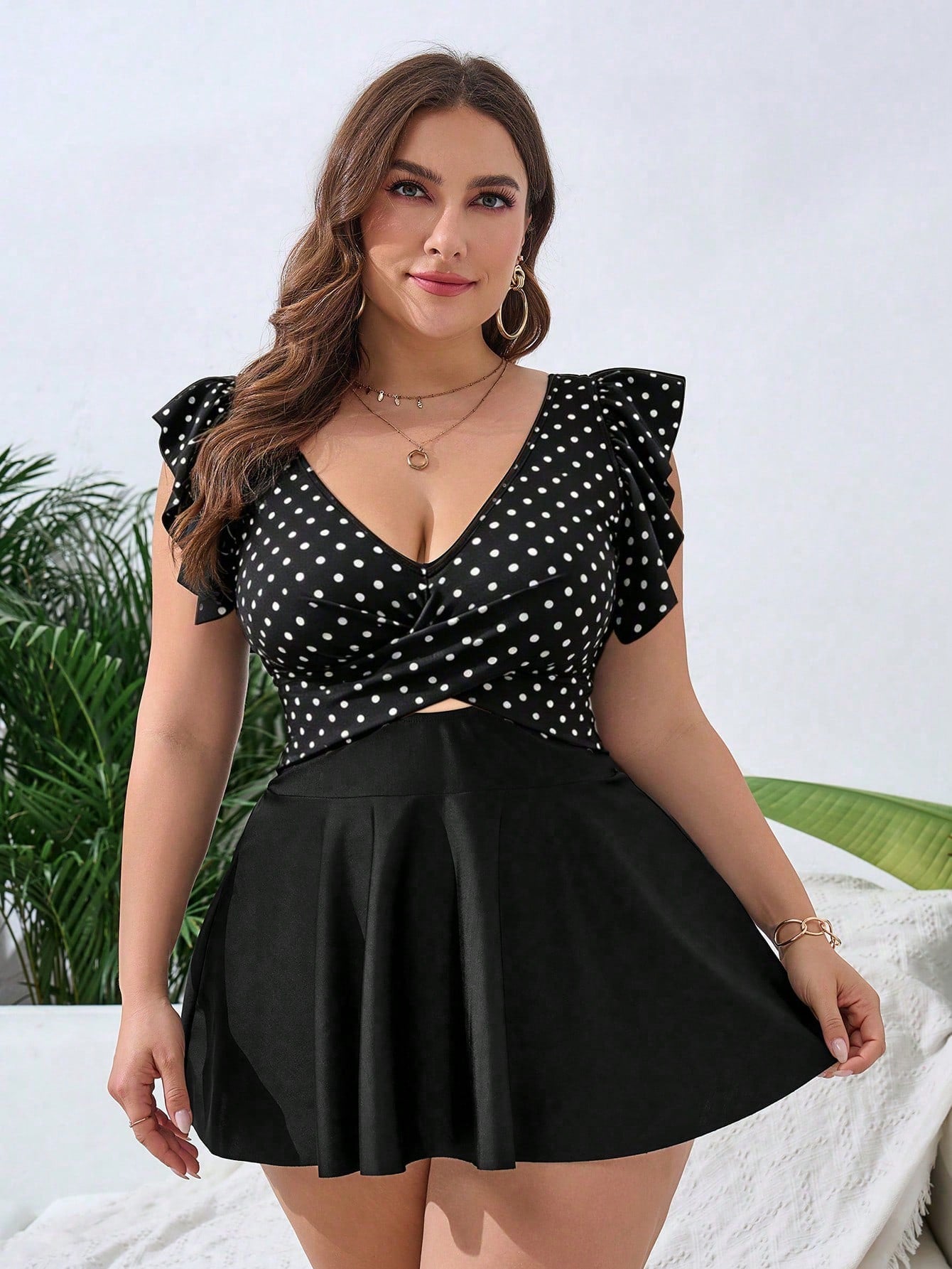 Swim Lushoire Plus Size Polka Dot Print Patchwork Swimdress With Triangle Swimshorts