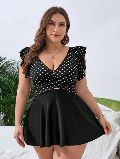 Swim Lushoire Plus Size Polka Dot Print Patchwork Swimdress With Triangle Swimshorts