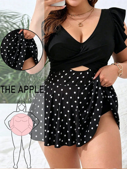 Swim Lushoire Plus Size Polka Dot Print Patchwork Swimdress With Triangle Swimshorts