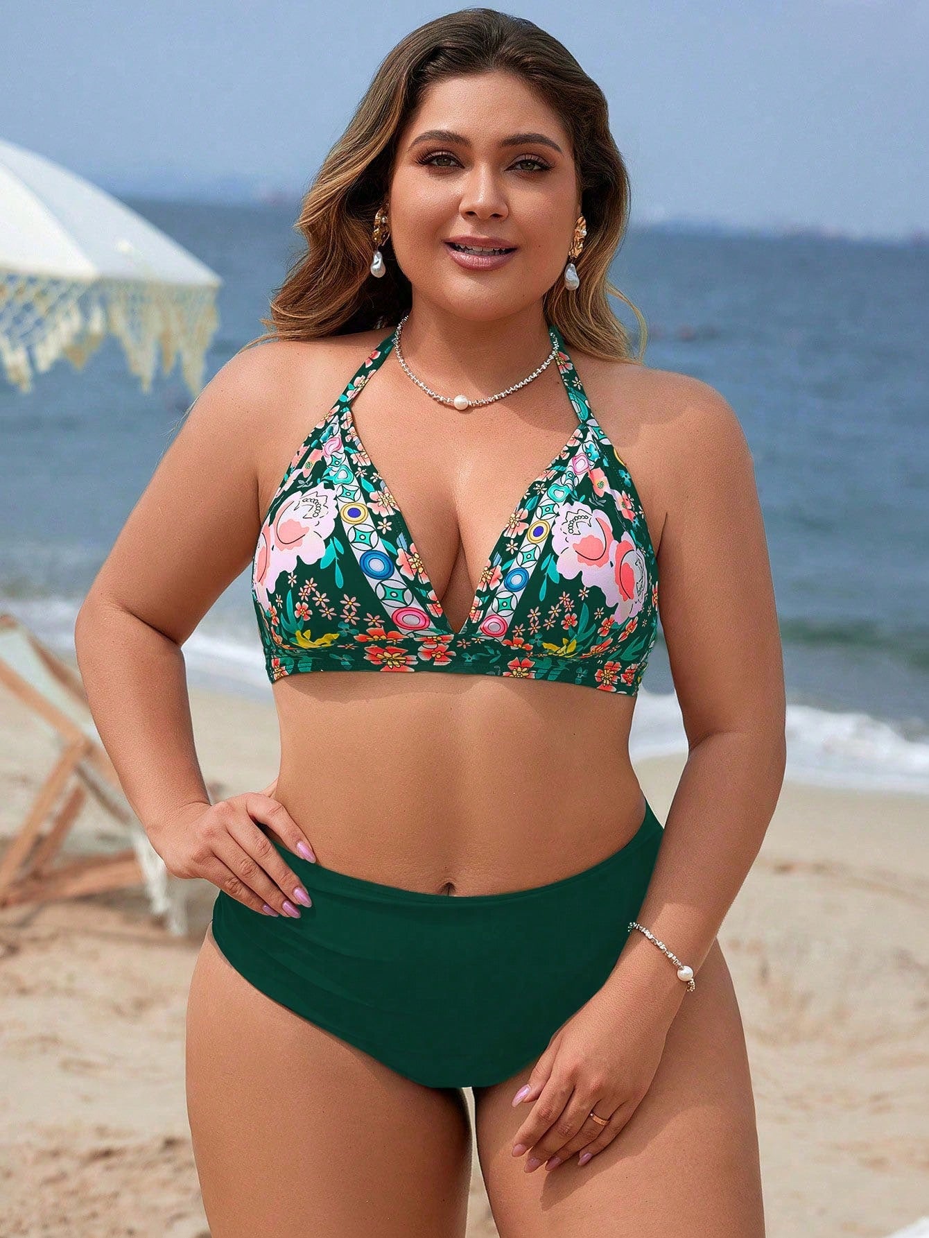 Swim Lushoire Plus Size Random Floral Print Halter Neck 3-Piece Bikini Swimsuits Set For Summer Beach Vacation