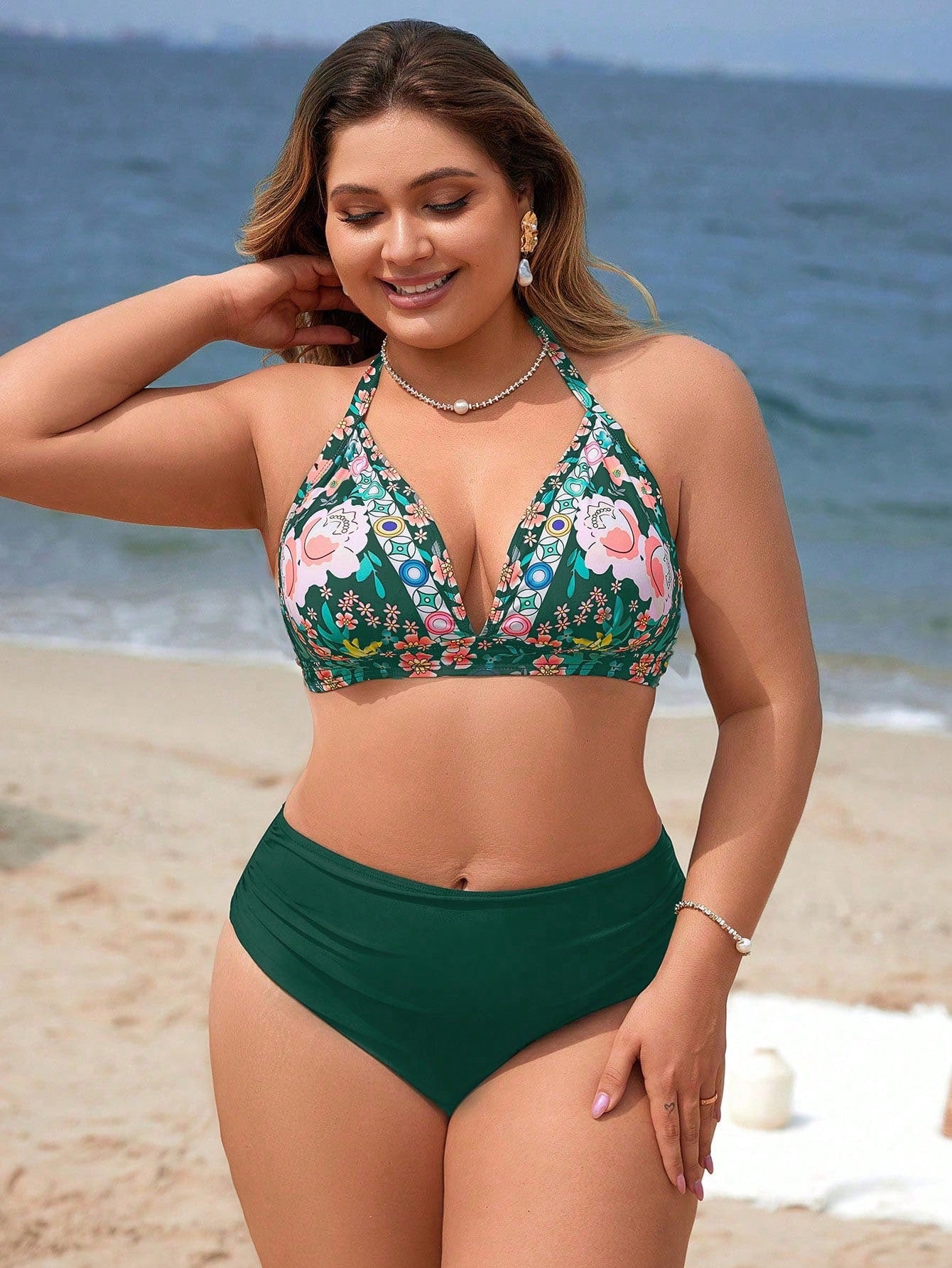 Swim Lushoire Plus Size Random Floral Print Halter Neck 3-Piece Bikini Swimsuits Set For Summer Beach Vacation