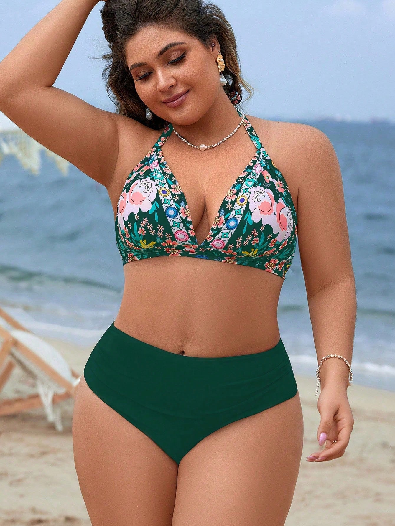 Swim Lushoire Plus Size Random Floral Print Halter Neck 3-Piece Bikini Swimsuits Set For Summer Beach Vacation