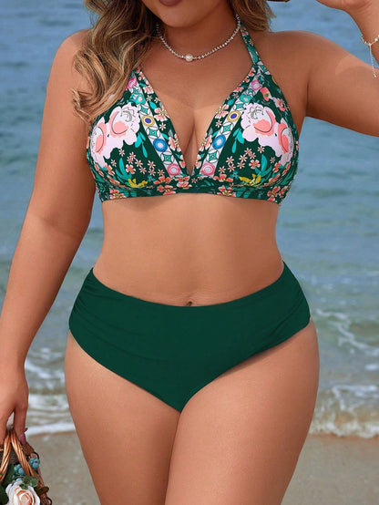 Swim Lushoire Plus Size Random Floral Print Halter Neck 3-Piece Bikini Swimsuits Set For Summer Beach Vacation