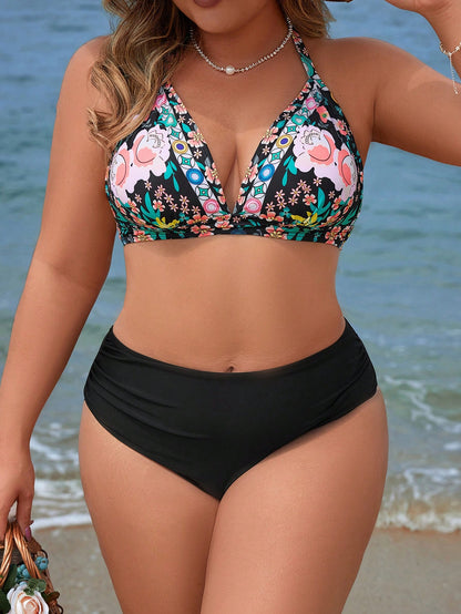 Swim Lushoire Plus Size Random Floral Print Halter Neck 3-Piece Bikini Swimsuits Set For Summer Beach Vacation