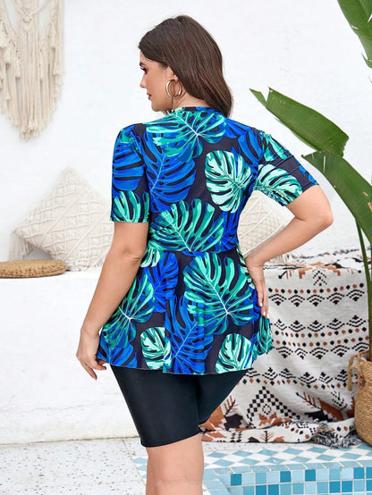 Swim Lushoire Plus Size Summer Beach Tropical Plant Print High-Neck Zipper Short Sleeve Top And Solid Color Boxer Shorts Vacation Tankini Swimwear Set