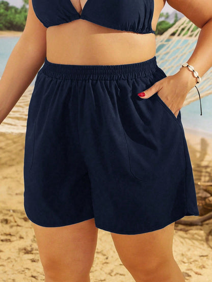 Swim Lushoire Plus Size Summer Holiday Beach Slant Pocket Elastic Waist Boardshorts Black Shorts Womenwomen Sports Shortsbeach Shorts