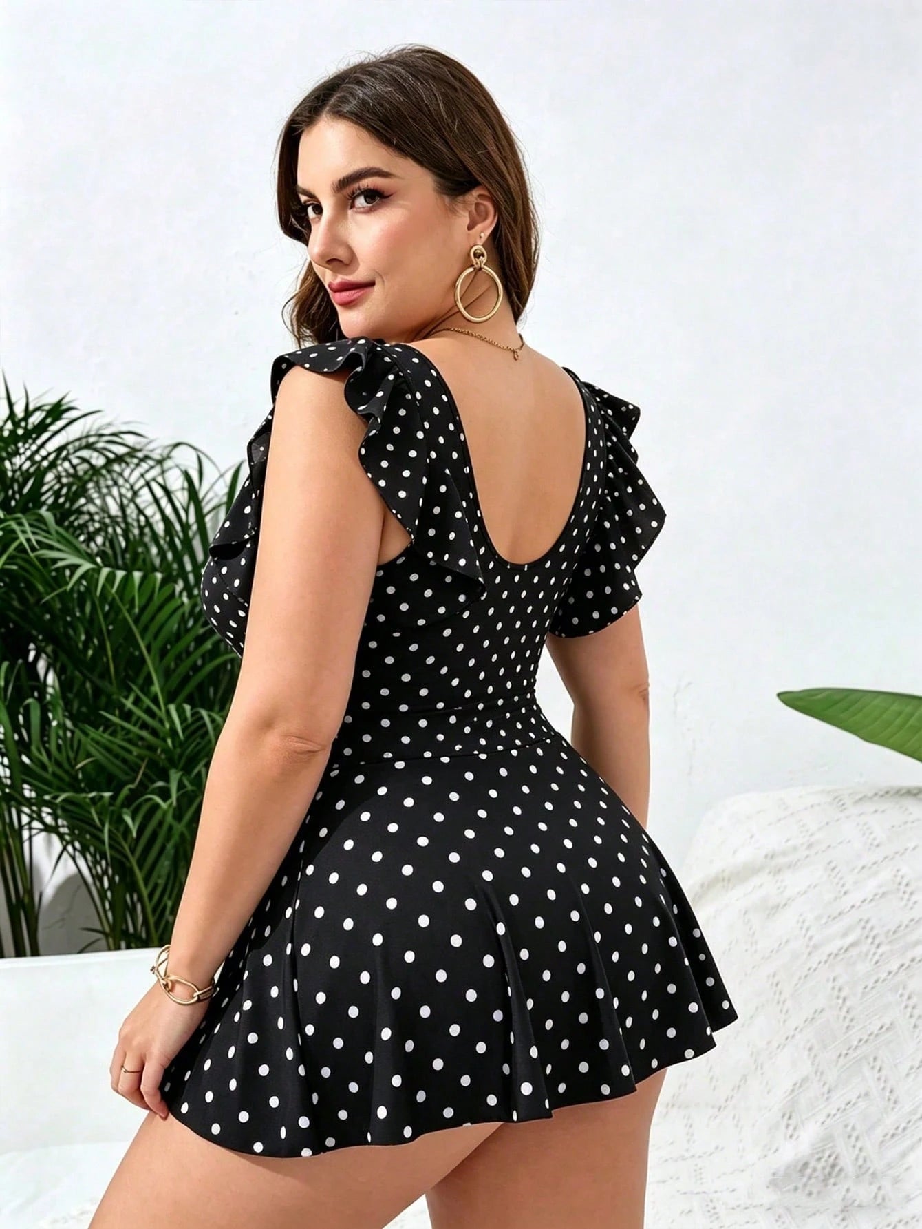 Swim Lushoire Plus Size Vacation Beach Polka Dot Print Swim Dress