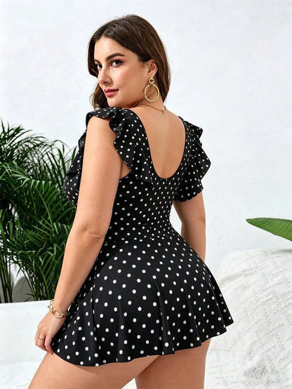 Swim Lushoire Plus Size Vacation Beach Polka Dot Print Swim Dress