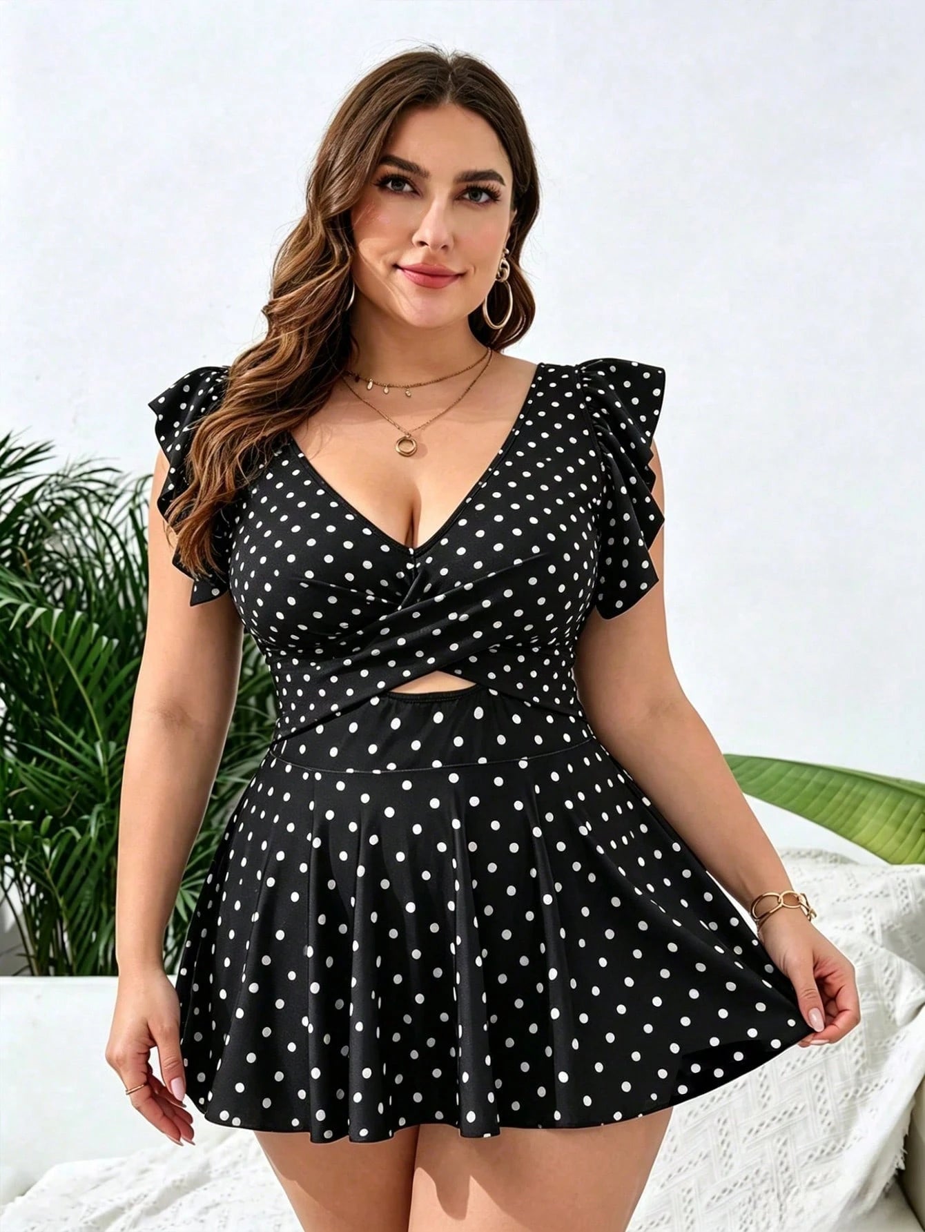 Swim Lushoire Plus Size Vacation Beach Polka Dot Print Swim Dress