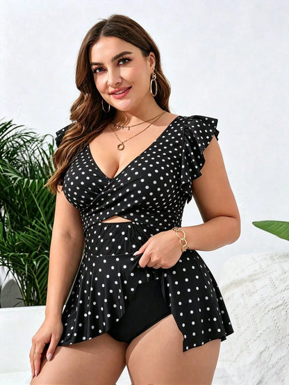 Swim Lushoire Plus Size Vacation Beach Polka Dot Print Swim Dress