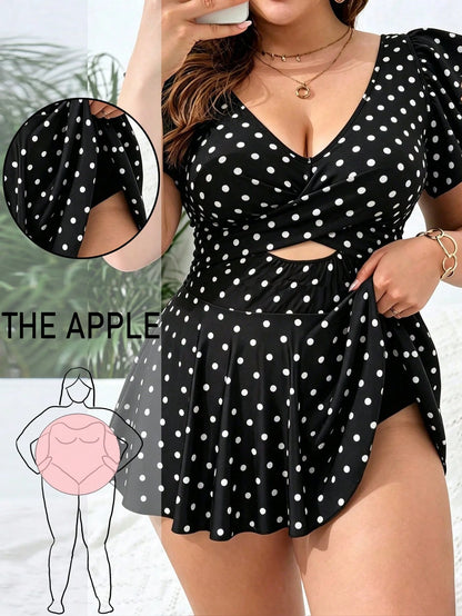 Swim Lushoire Plus Size Vacation Beach Polka Dot Print Swim Dress