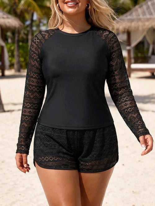Swim Lushoire Plus Size Women 2 Pieces Solid Color Long Sleeve Tummy Control Tankini Swimsuit For Beach Vacation