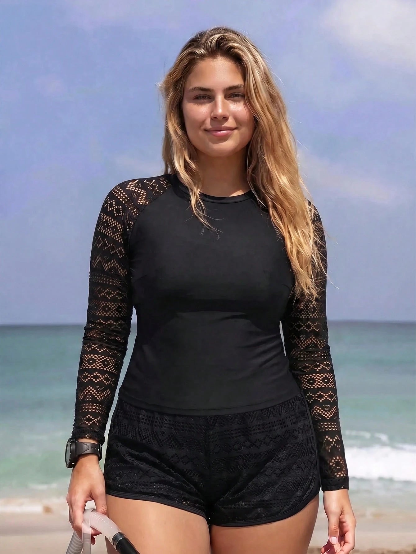 Swim Lushoire Plus Size Women 2 Pieces Solid Color Long Sleeve Tummy Control Tankini Swimsuit For Beach Vacation