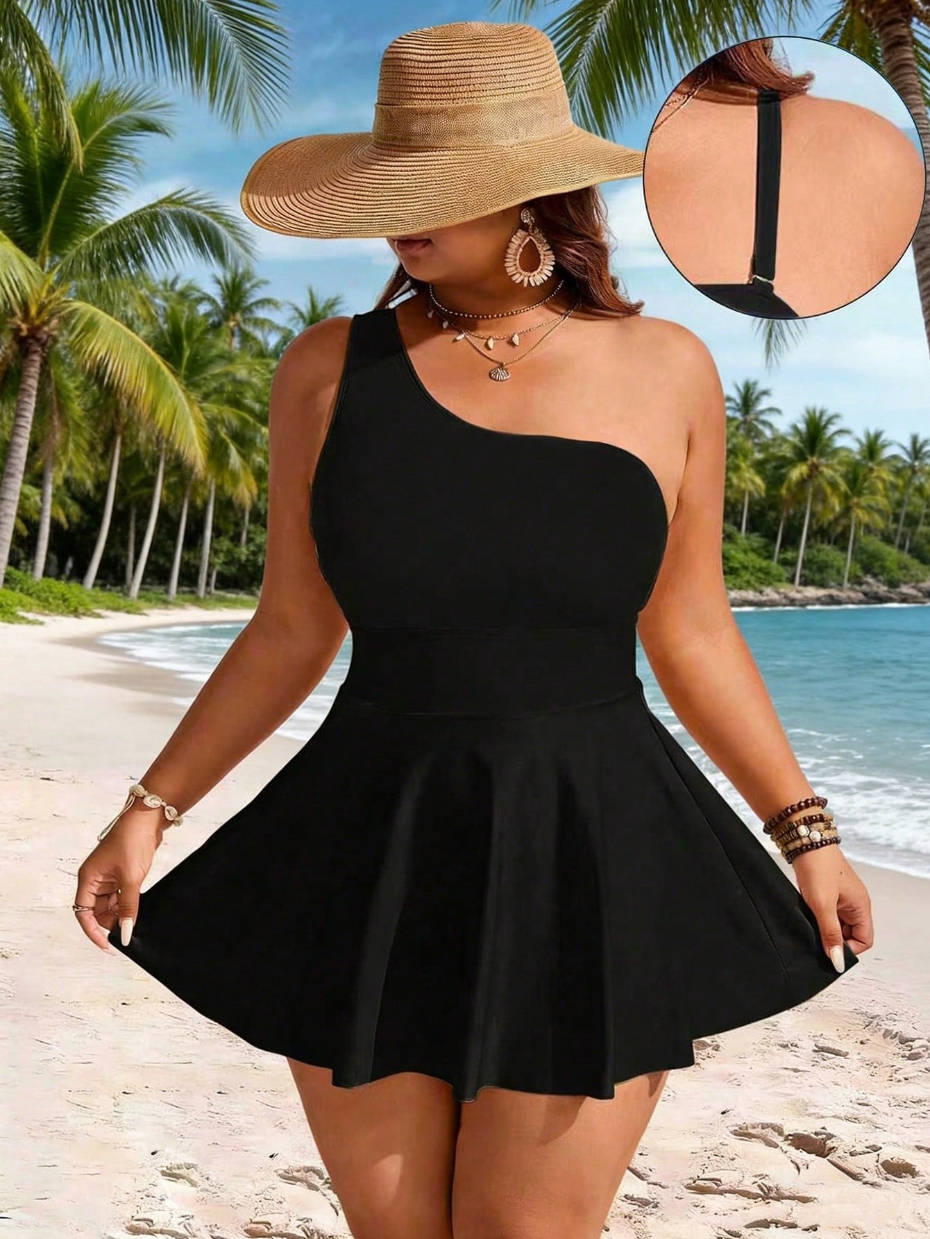 Swim Lushoire Plus Size Women 2pcs Contrast Color One Shoulder Cinched Waist Knee Length Casual Beach Dress Swimsuit