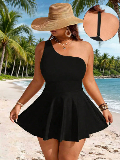 Swim Lushoire Plus Size Women 2pcs Contrast Color One Shoulder Cinched Waist Knee Length Casual Beach Dress Swimsuit