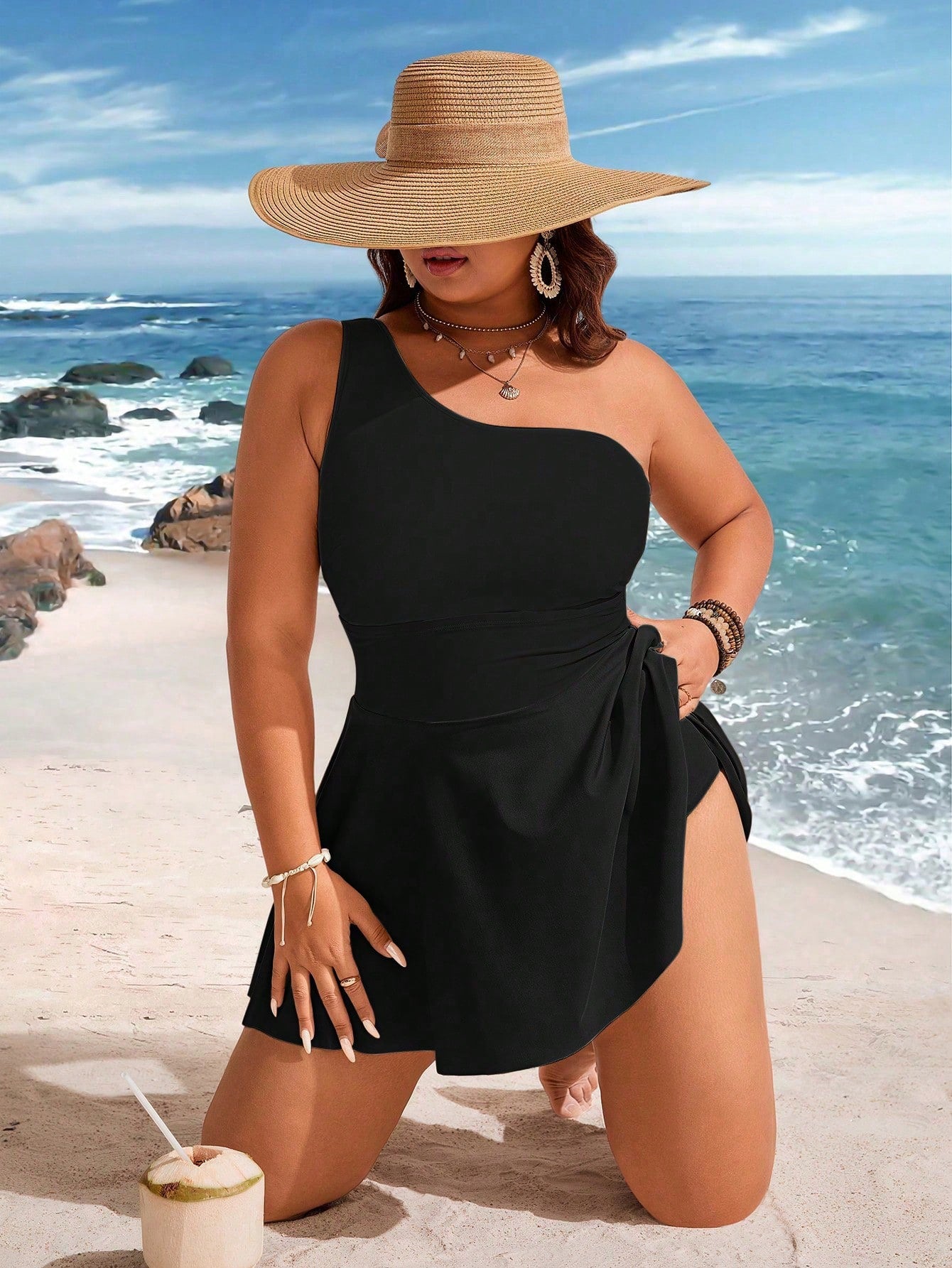 Swim Lushoire Plus Size Women 2pcs Contrast Color One Shoulder Cinched Waist Knee Length Casual Beach Dress Swimsuit