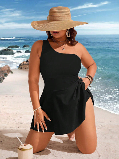 Swim Lushoire Plus Size Women 2pcs Contrast Color One Shoulder Cinched Waist Knee Length Casual Beach Dress Swimsuit